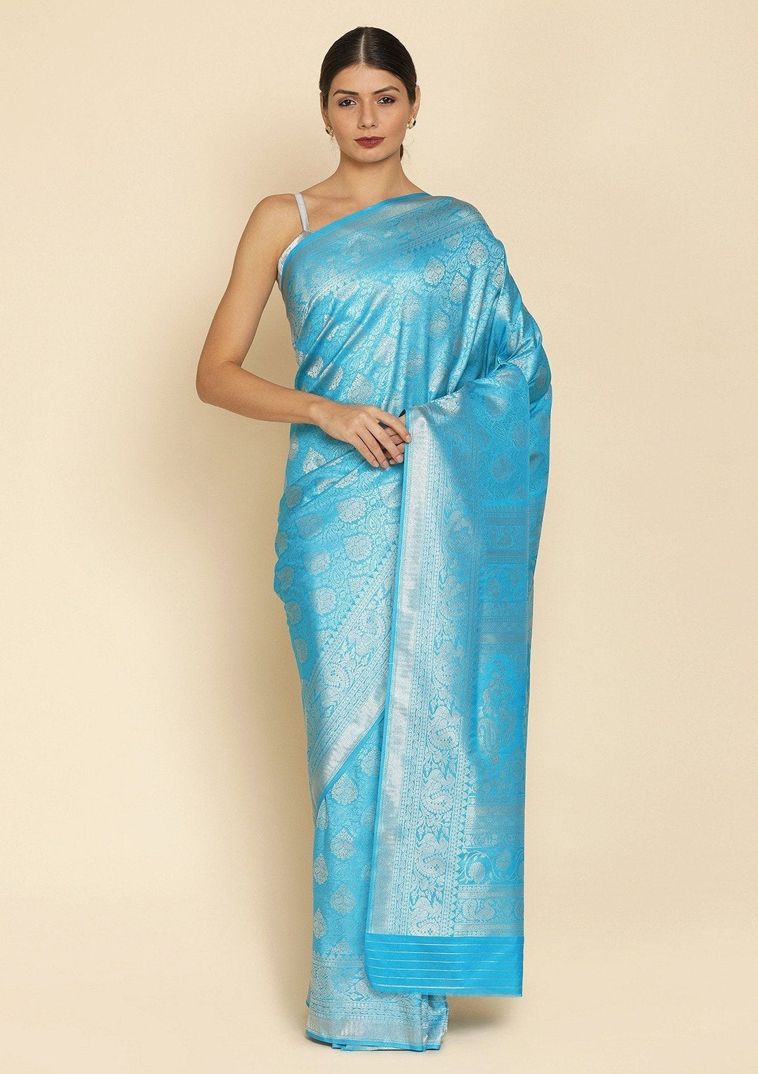 Turquoise Blue Silver Zariwork Raw Silk Designer Saree - koskii