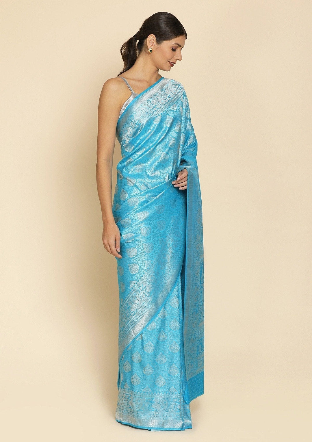 Turquoise Blue Silver Zariwork Raw Silk Designer Saree - koskii