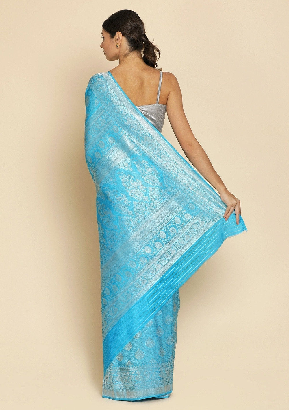 Turquoise Blue Silver Zariwork Raw Silk Designer Saree - koskii