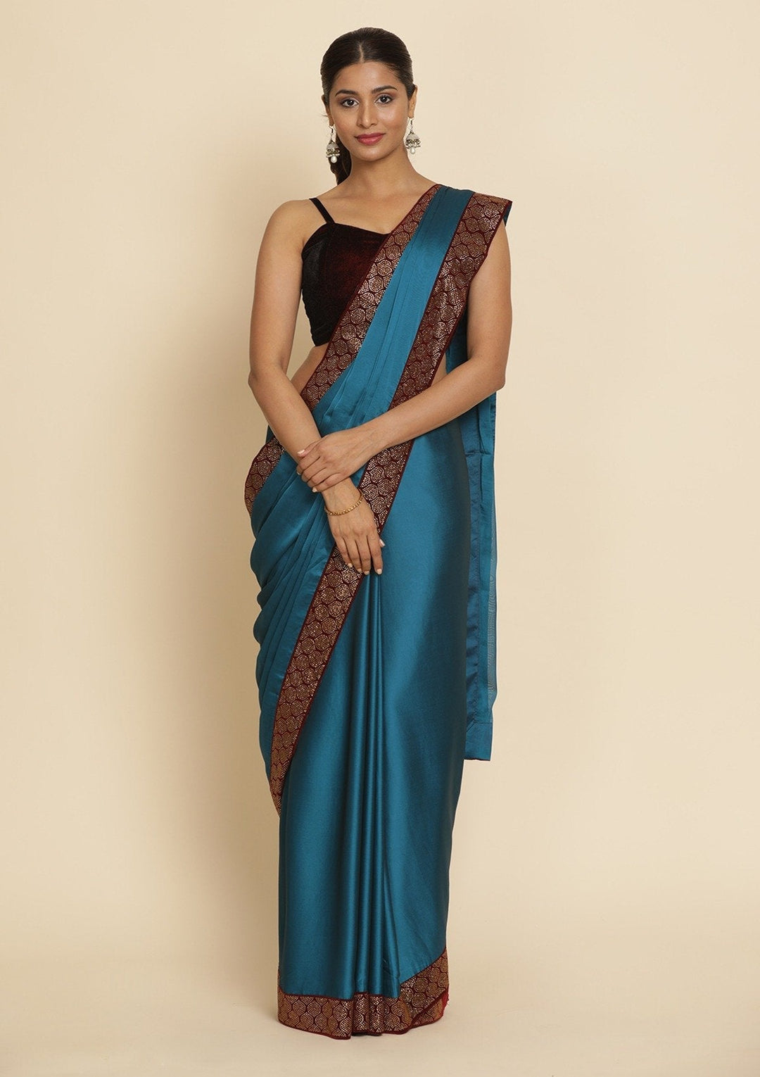 Turquoise Blue Swarovski Semi Crepe Designer Saree - koskii