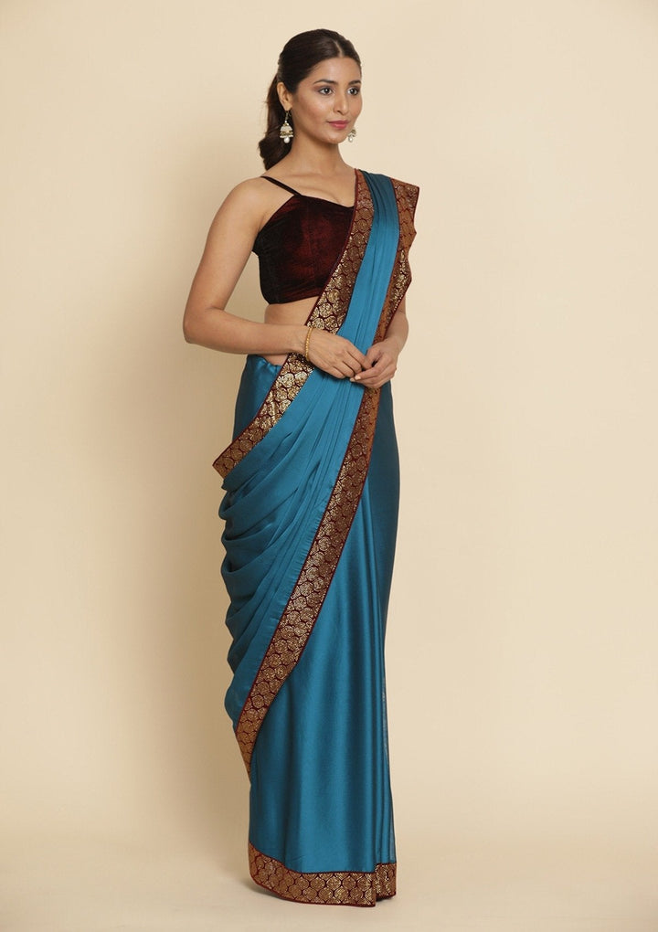 Turquoise Blue Swarovski Semi Crepe Designer Saree - koskii