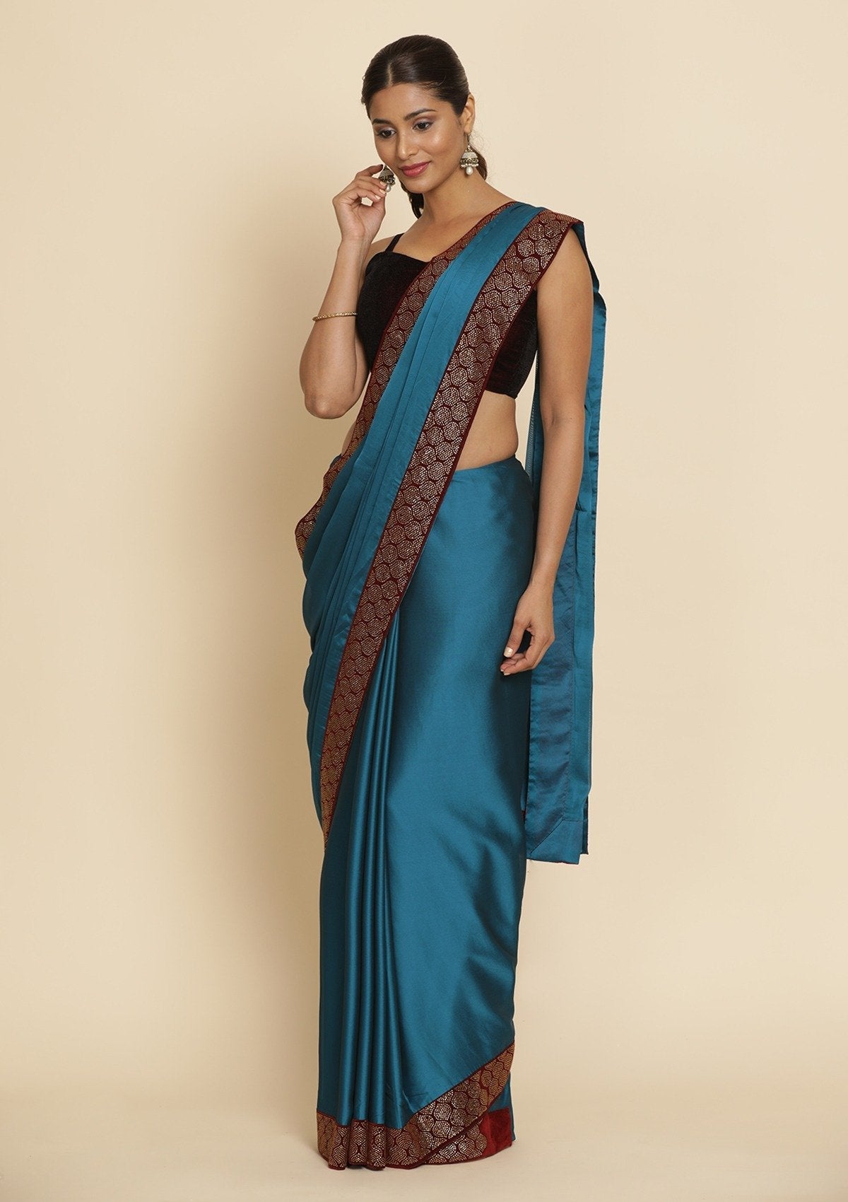 Turquoise Blue Swarovski Semi Crepe Designer Saree - koskii