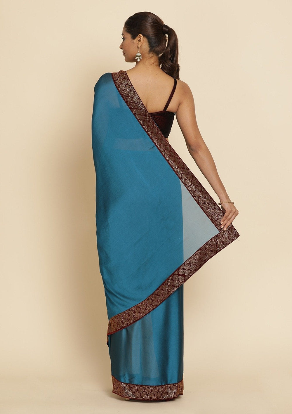 Turquoise Blue Swarovski Semi Crepe Designer Saree - koskii