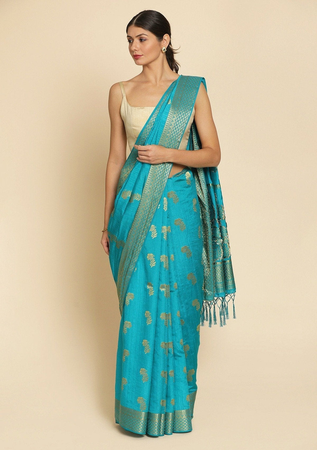 Turquoise Blue Zariwork Art Silk Designer Saree - koskii