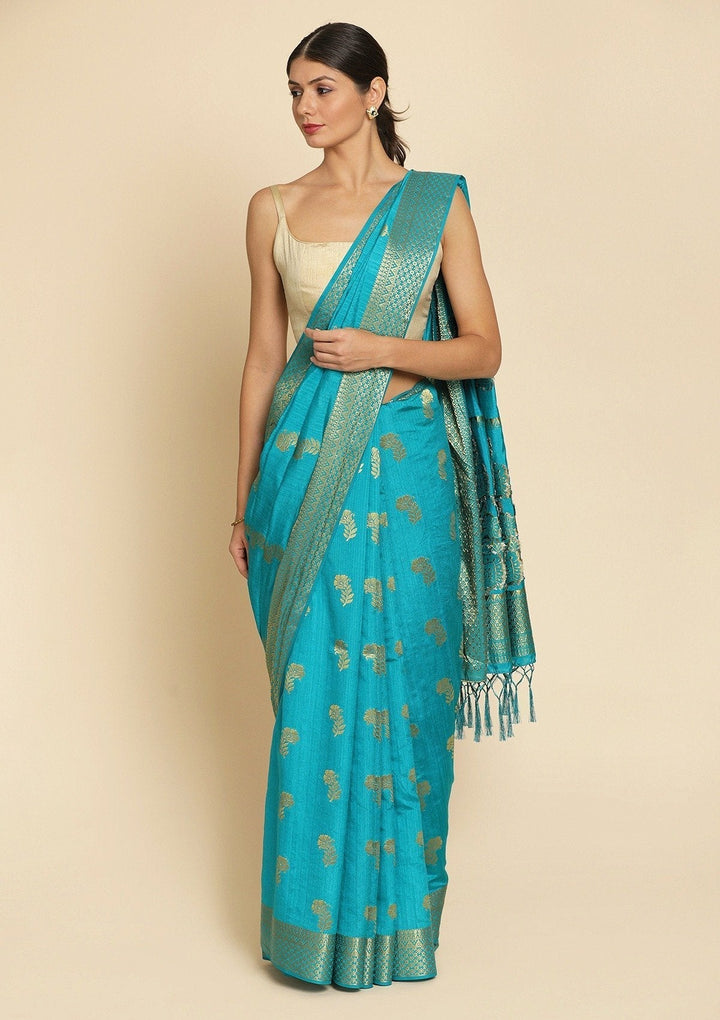 Turquoise Blue Zariwork Art Silk Designer Saree - koskii