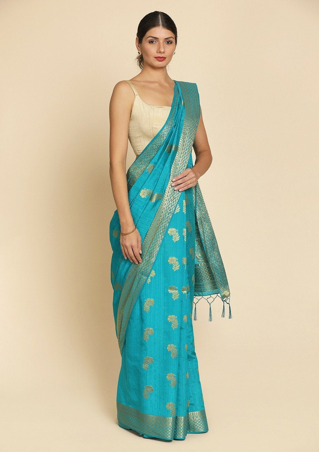 Turquoise Blue Zariwork Art Silk Designer Saree - koskii