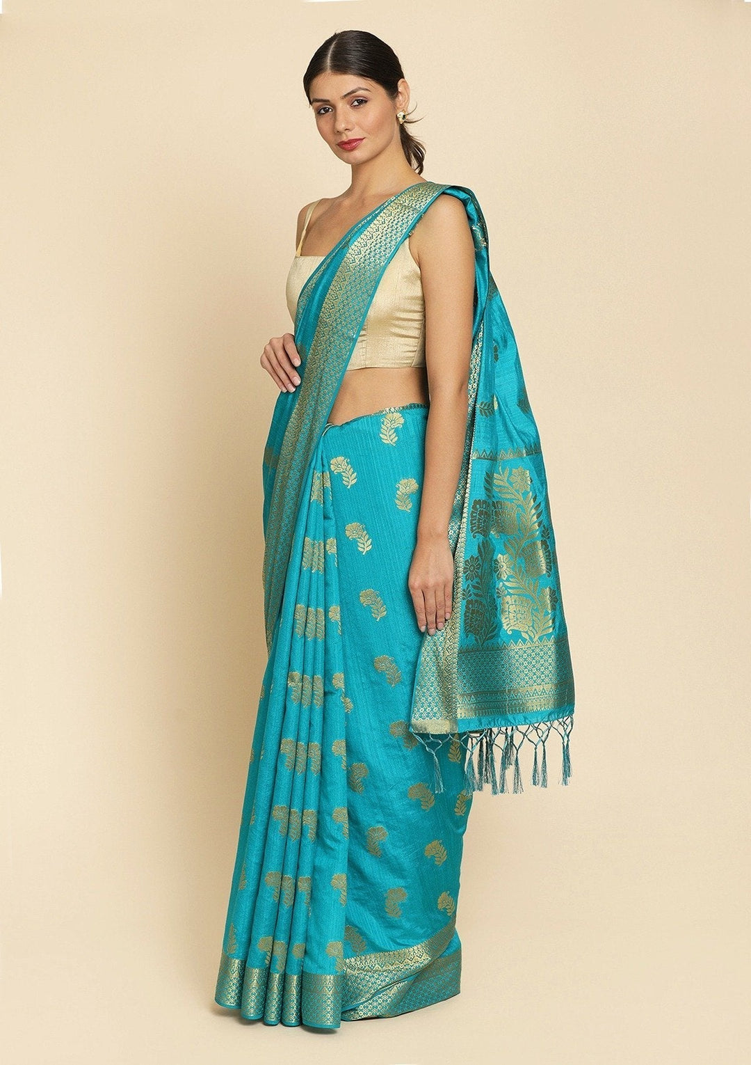Turquoise Blue Zariwork Art Silk Designer Saree - koskii
