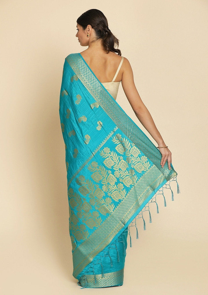Turquoise Blue Zariwork Art Silk Designer Saree - koskii