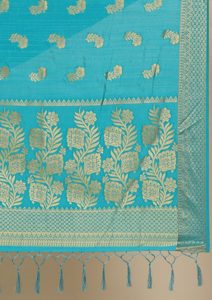 Turquoise Blue Zariwork Art Silk Designer Saree - koskii