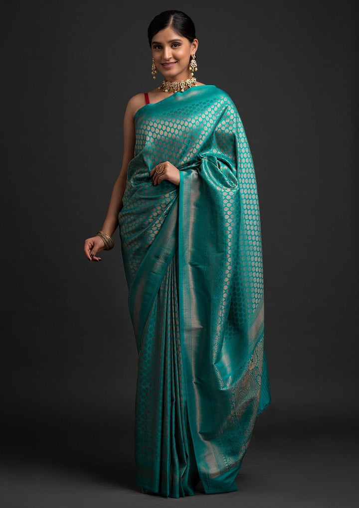 Turquoise Blue Zariwork Art Silk Designer Saree - koskii