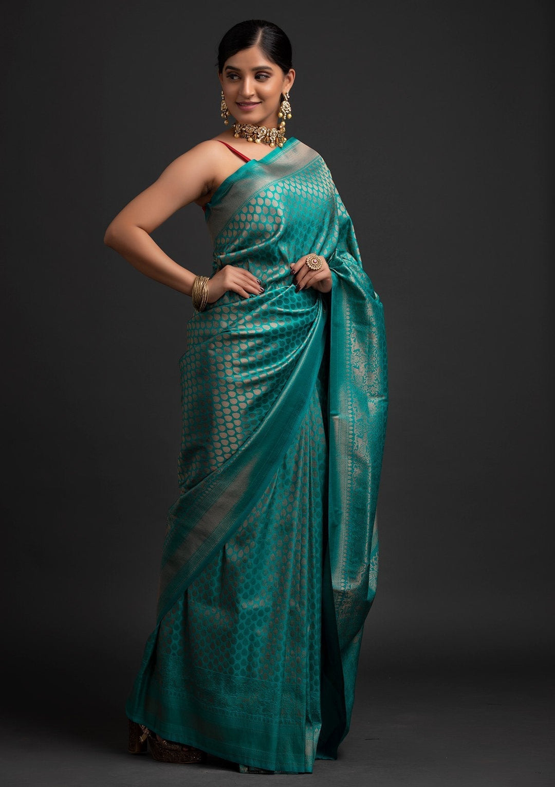 Turquoise Blue Zariwork Art Silk Designer Saree - koskii