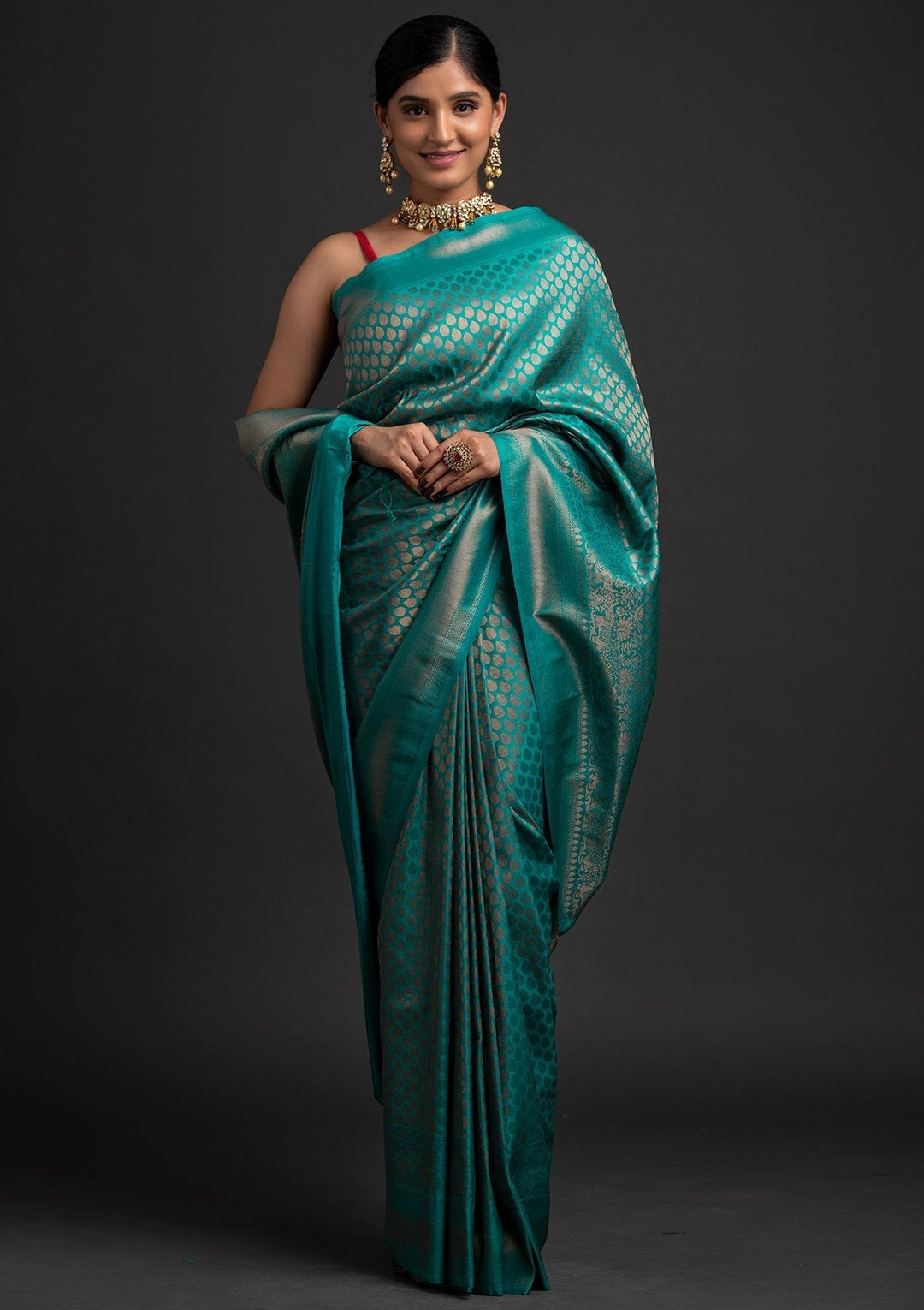 Turquoise Blue Zariwork Art Silk Designer Saree - koskii