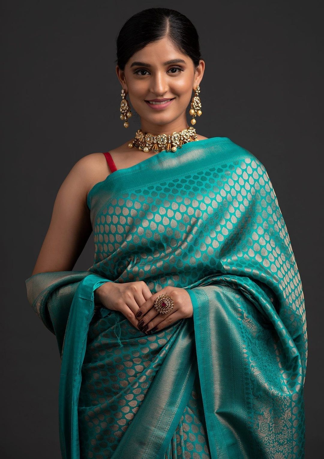 Turquoise Blue Zariwork Art Silk Designer Saree - koskii