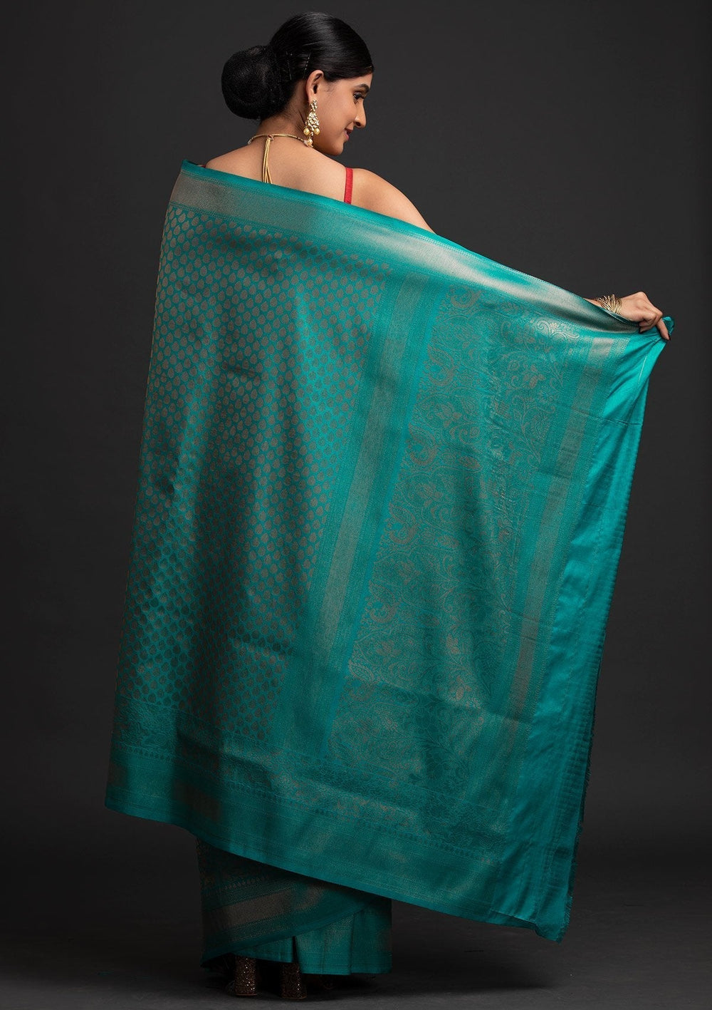 Turquoise Blue Zariwork Art Silk Designer Saree - koskii