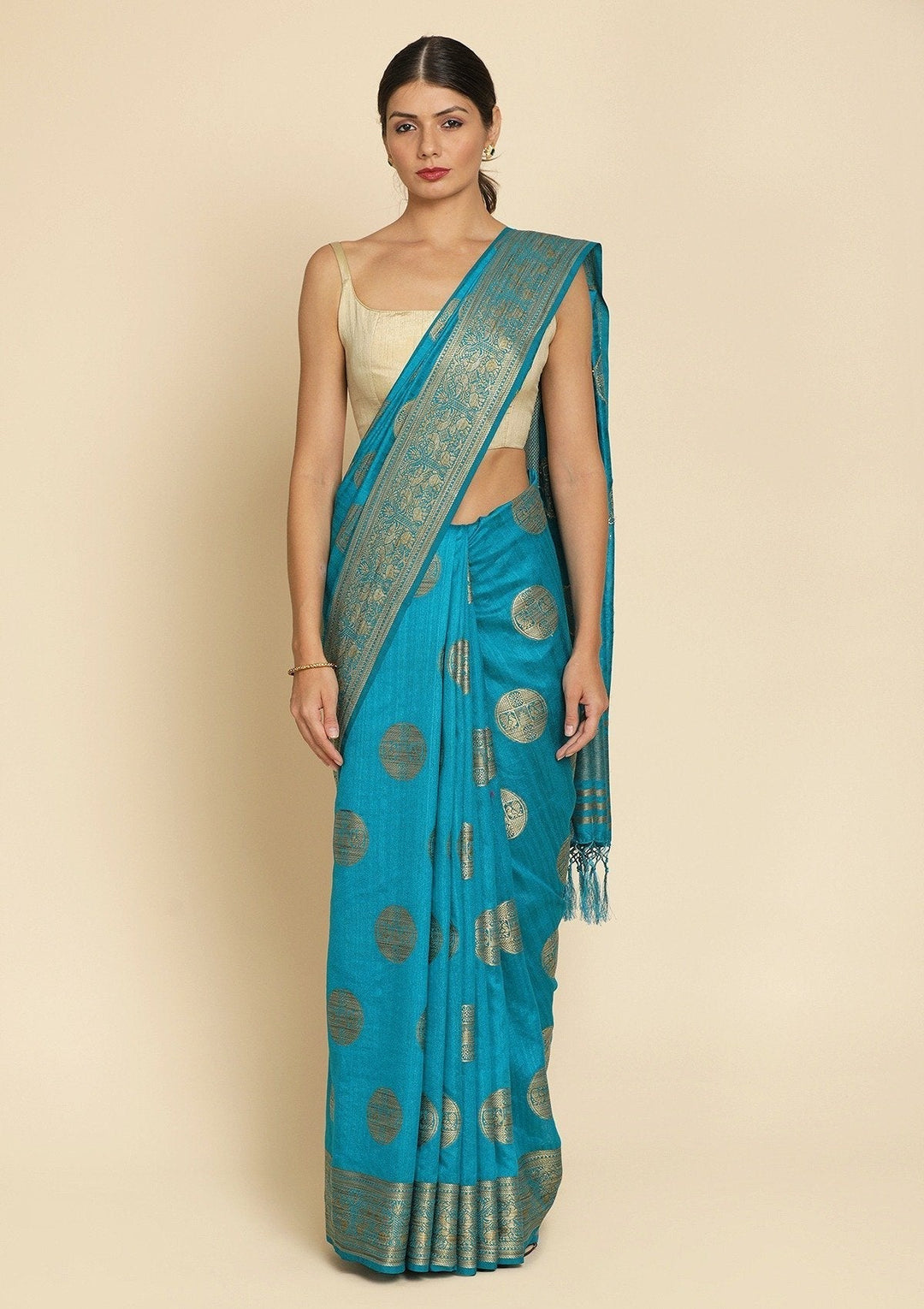 Turquoise Blue Zariwork Raw Silk Designer Saree - koskii