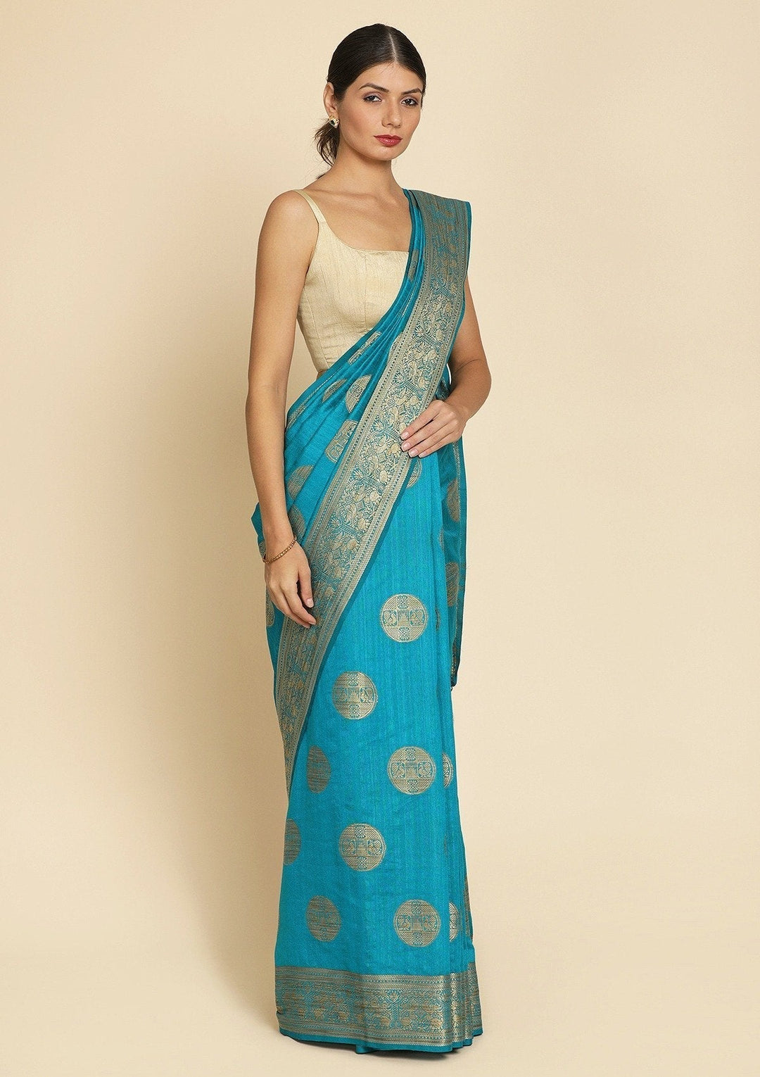 Turquoise Blue Zariwork Raw Silk Designer Saree - koskii