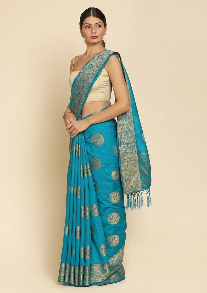 Turquoise Blue Zariwork Raw Silk Designer Saree - koskii