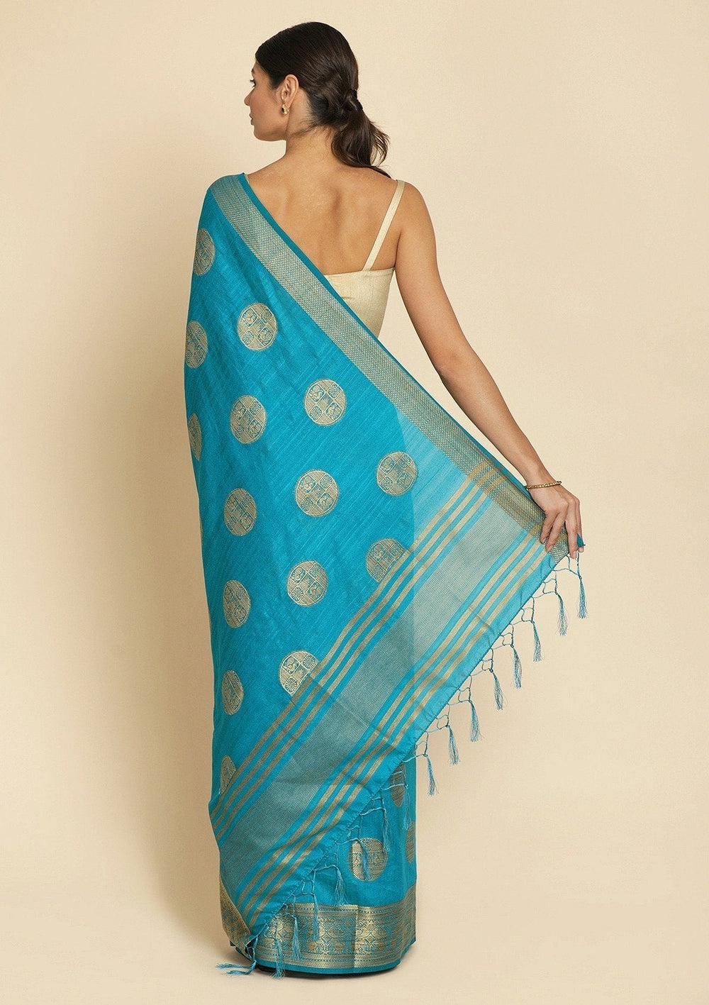 Turquoise Blue Zariwork Raw Silk Designer Saree - koskii