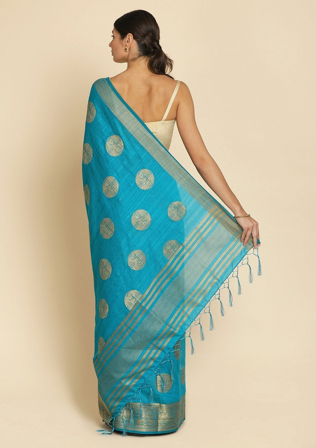Turquoise Blue Zariwork Raw Silk Designer Saree - koskii