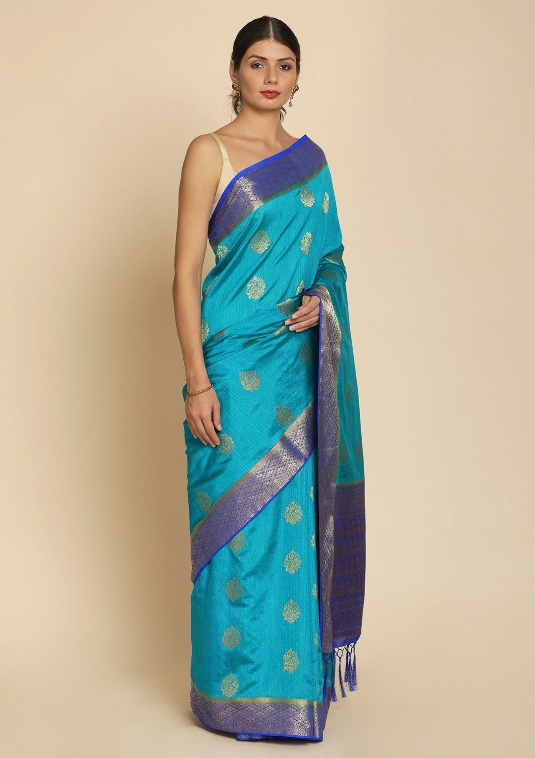 Turquoise Blue Zariwork Raw Silk Designer Saree - koskii
