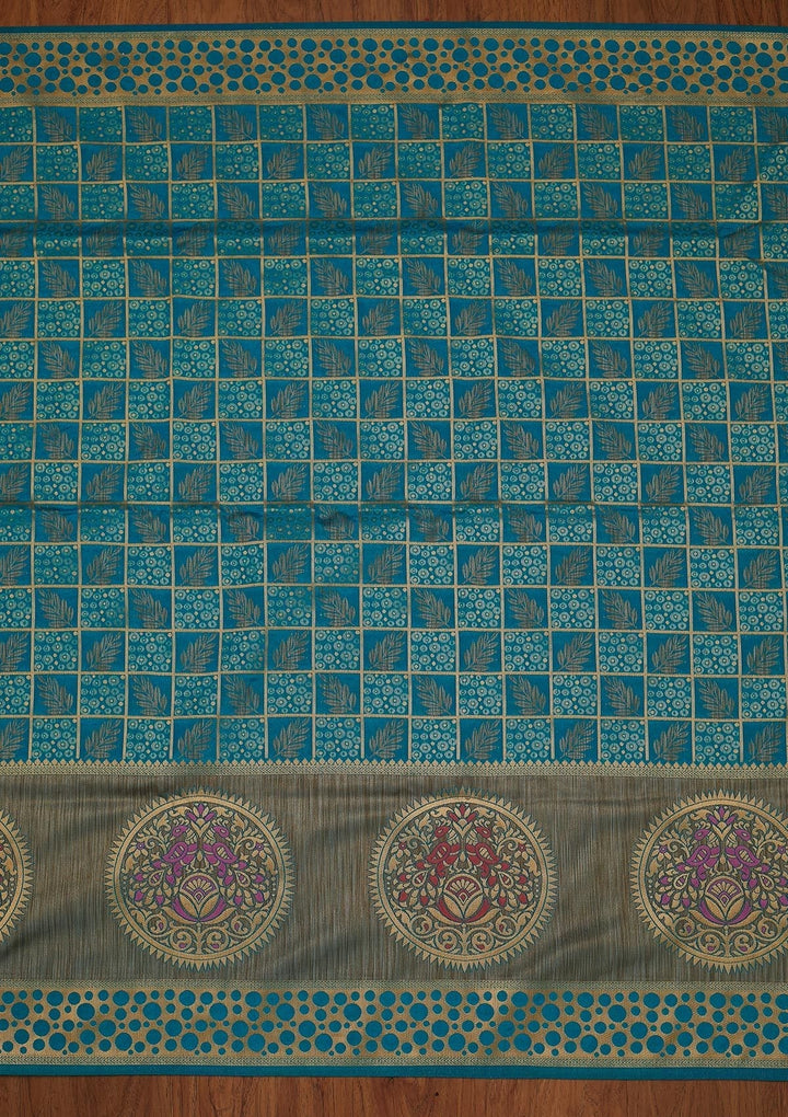 Turquoise Blue Zariwork Raw Silk Designer Saree - koskii