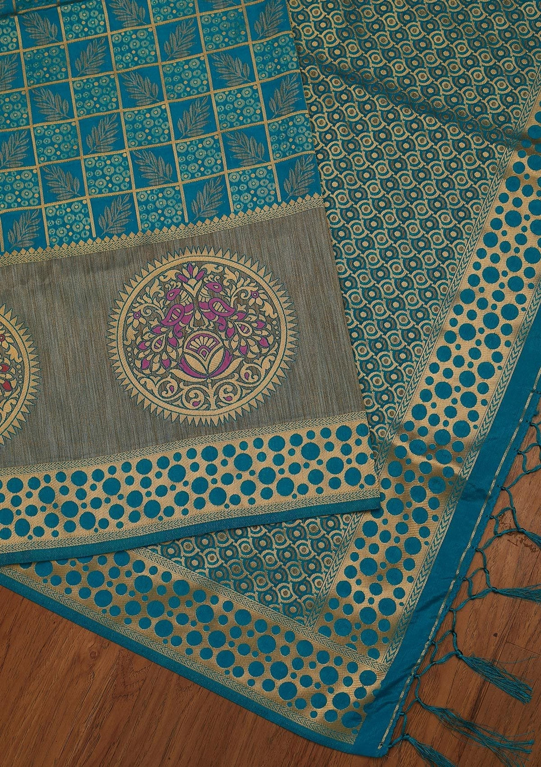 Turquoise Blue Zariwork Raw Silk Designer Saree - koskii