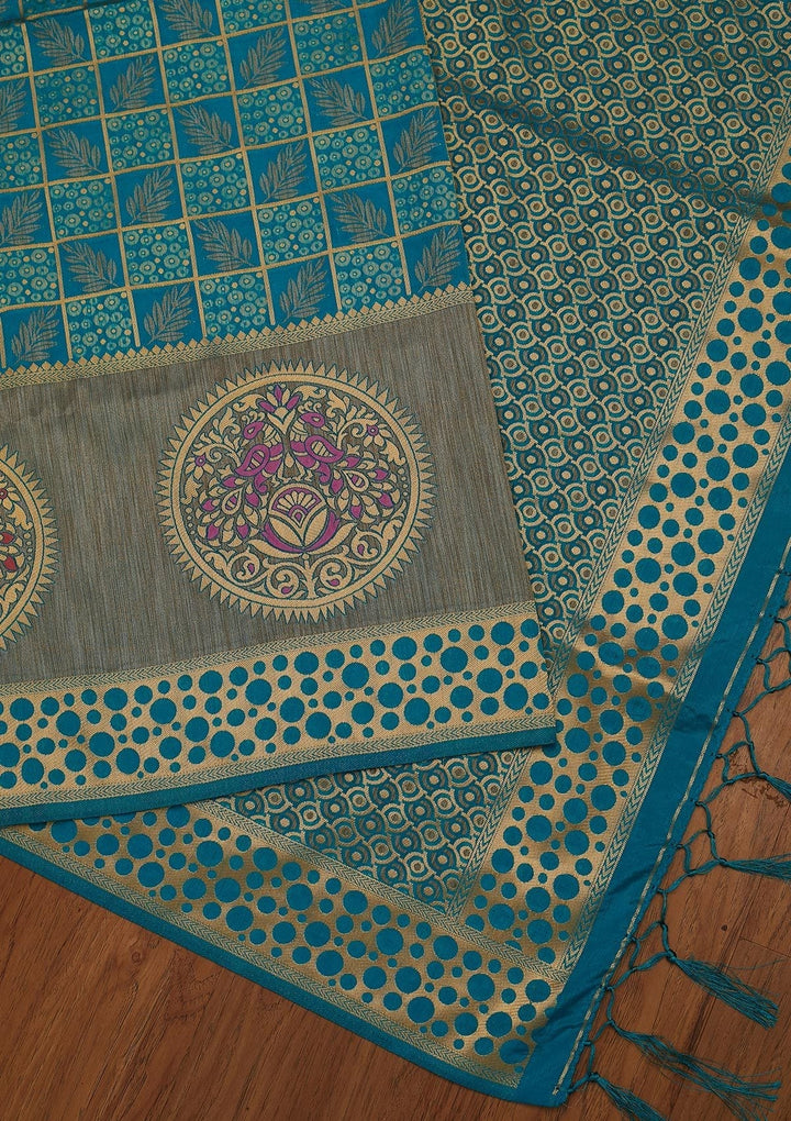 Turquoise Blue Zariwork Raw Silk Designer Saree - koskii