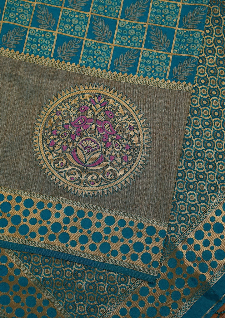 Turquoise Blue Zariwork Raw Silk Designer Saree - koskii