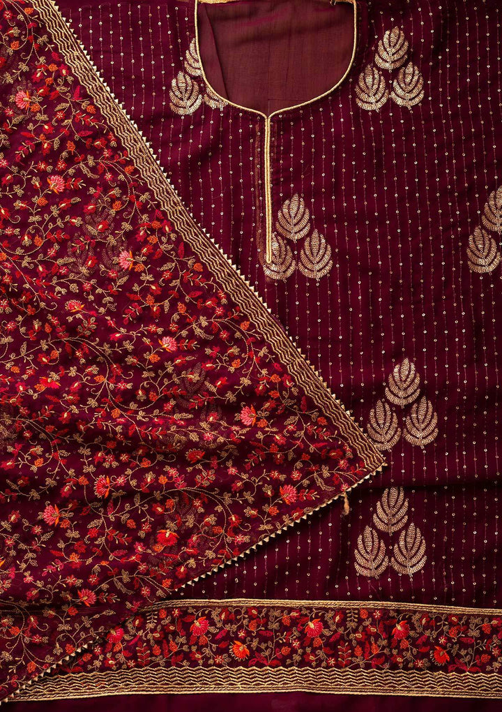 Wine Sequins Georgette Designer Semi-Stitched Salwar Suit - koskii