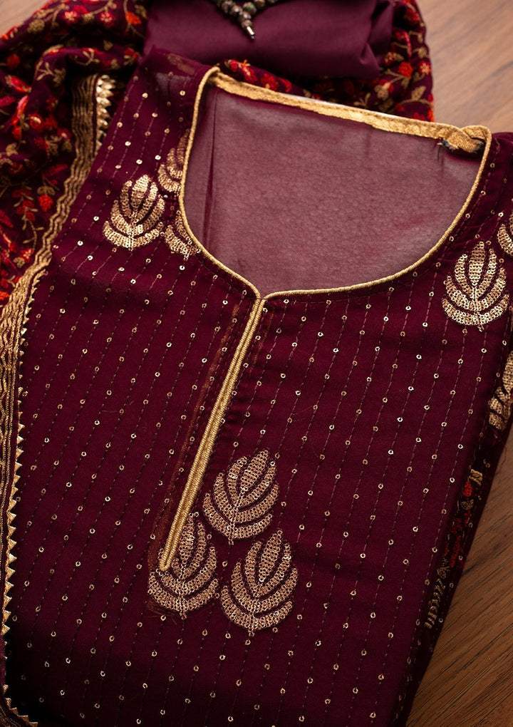 Wine Sequins Georgette Designer Semi-Stitched Salwar Suit - koskii