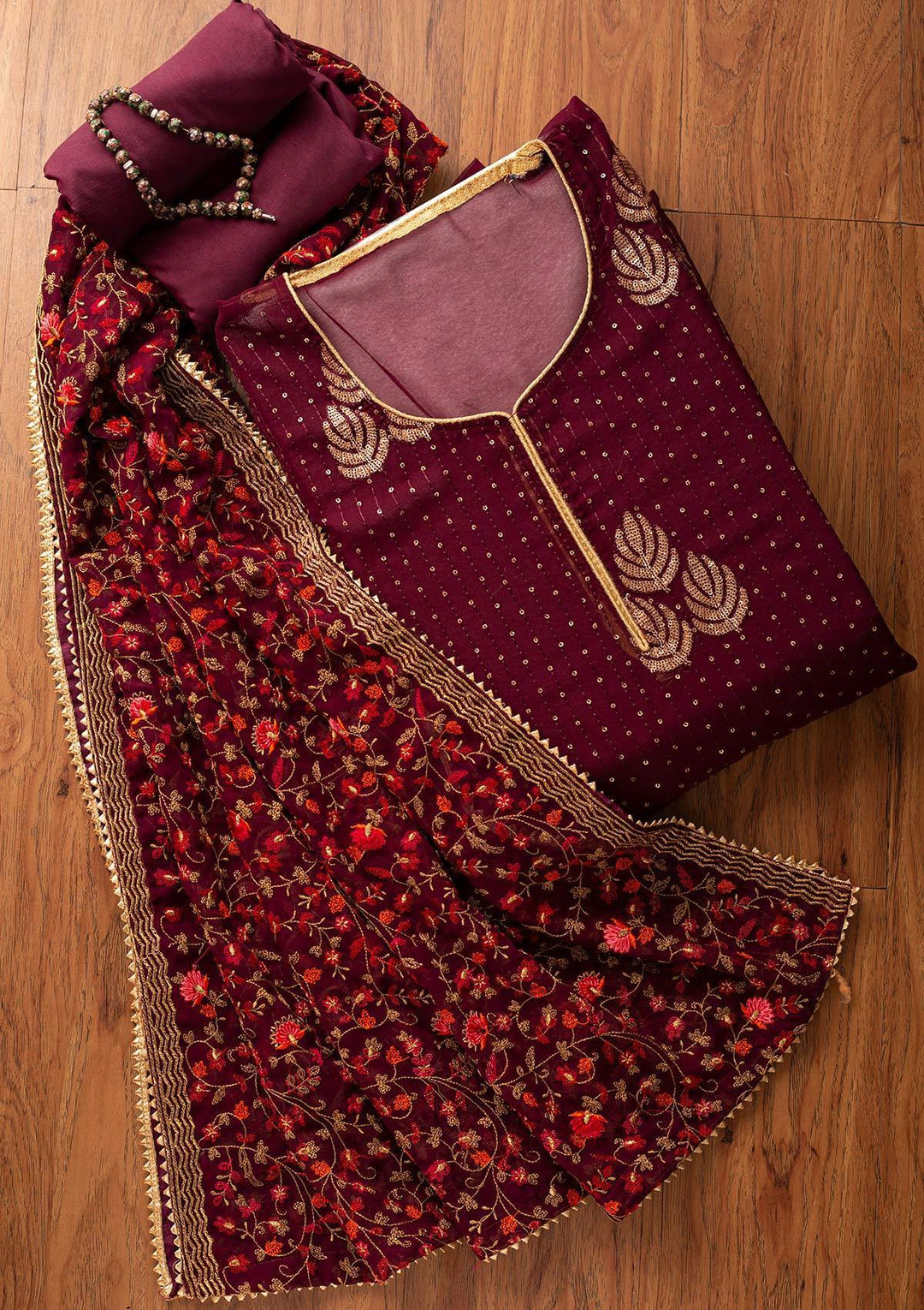 Wine Sequins Georgette Designer Semi-Stitched Salwar Suit - koskii
