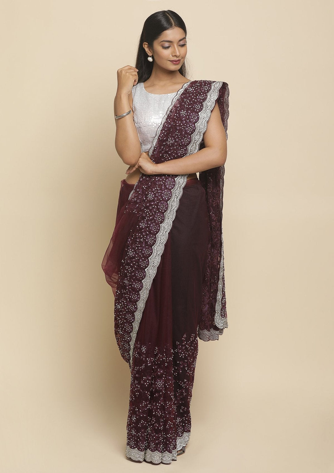 Wine Silver Stonework Satin Designer Saree - koskii