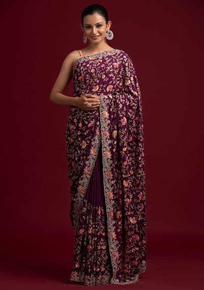 Wine Silver Stonework Semi Crepe Designer Saree - koskii