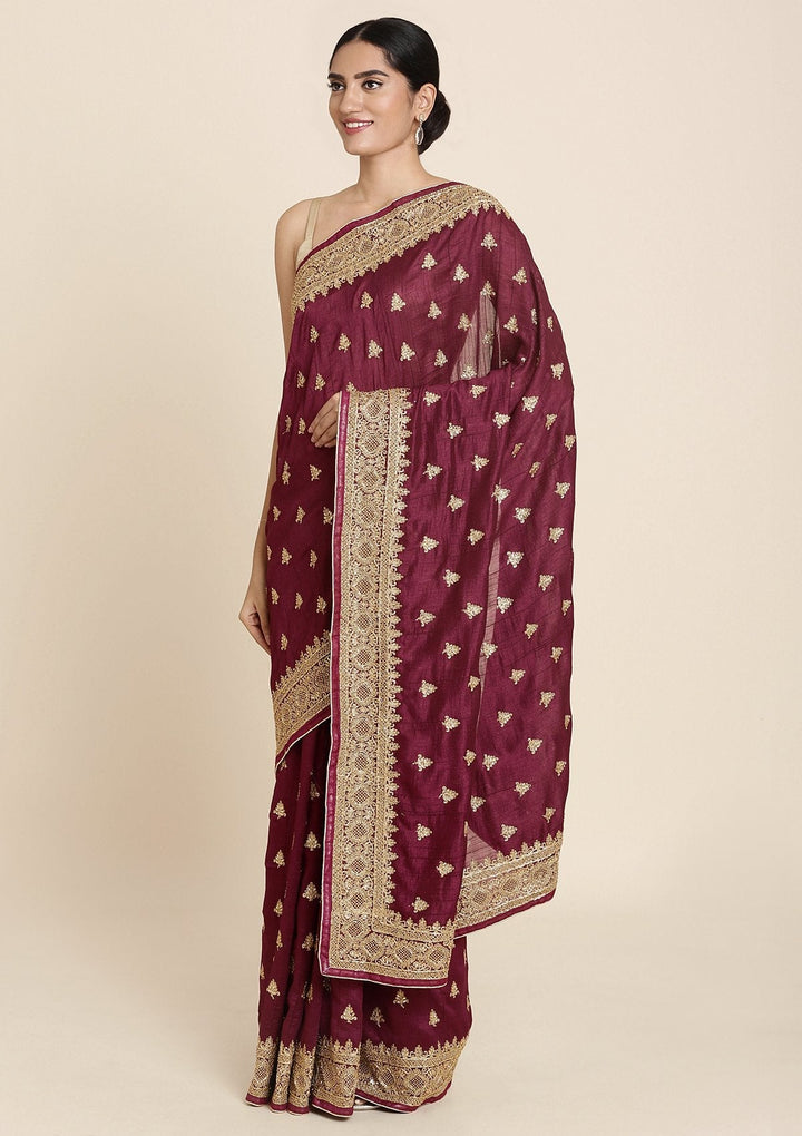 Wine Stonework Art Silk Designer Saree - koskii