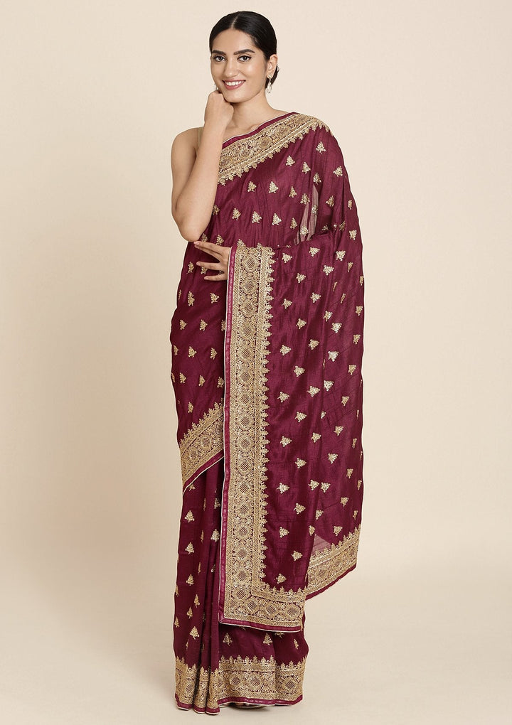 Wine Stonework Art Silk Designer Saree - koskii