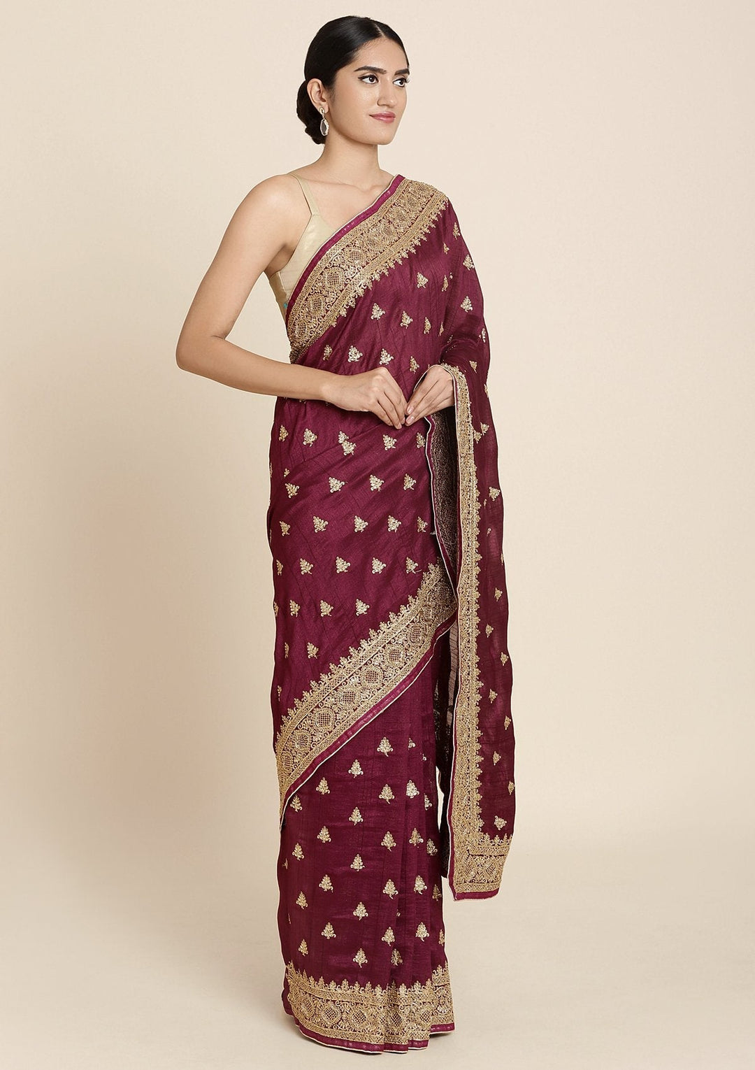 Wine Stonework Art Silk Designer Saree - koskii