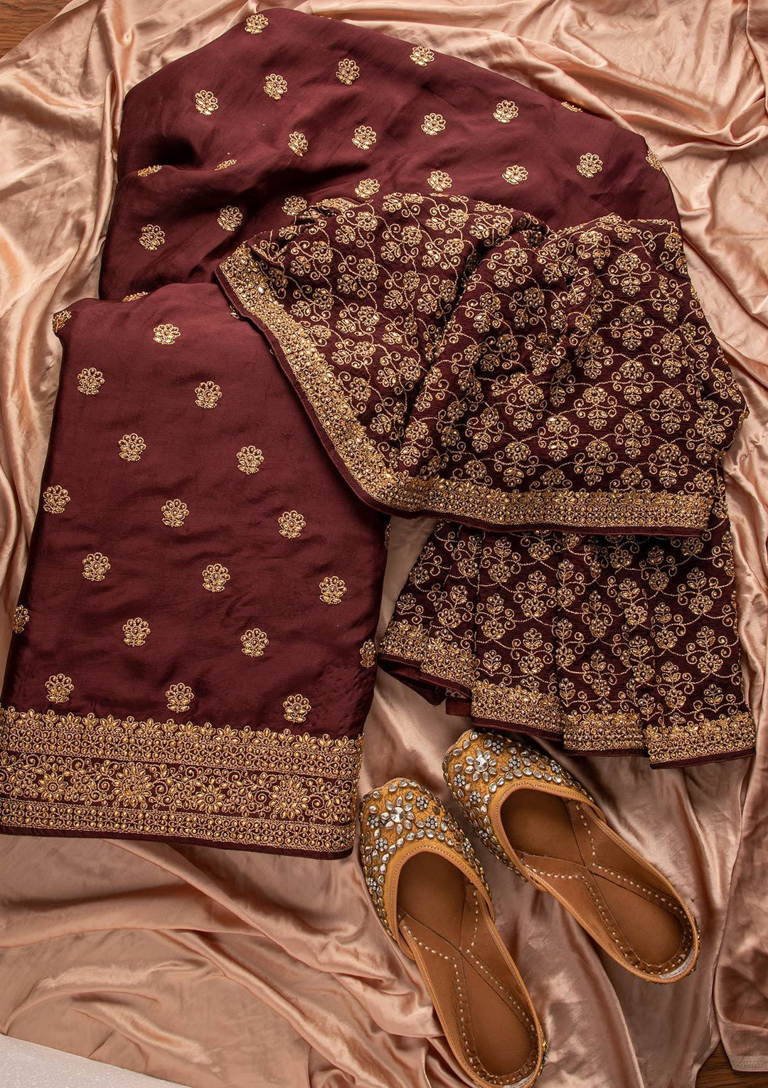 Wine Stonework Semi Crepe Designer Unstitched Salwar Suit - koskii