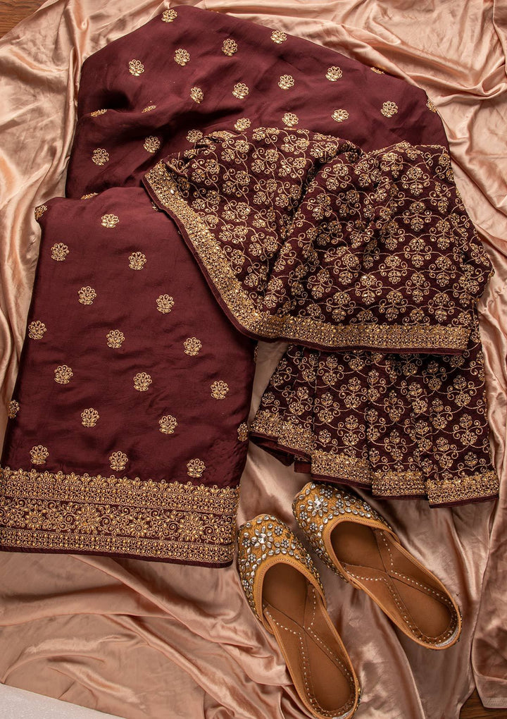 Wine Stonework Semi Crepe Designer Unstitched Salwar Suit - koskii