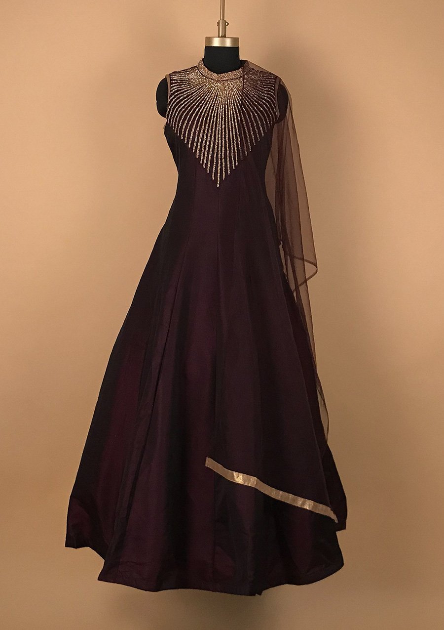 Wine Stonework Taffeta Silk Designer Gown - koskii
