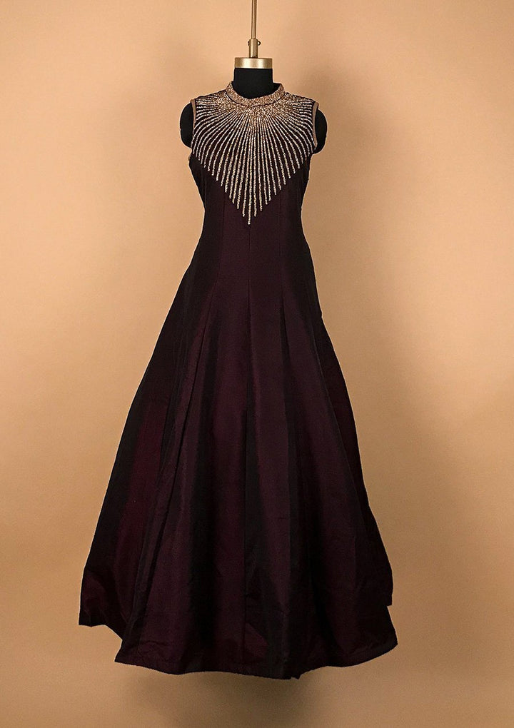 Wine Stonework Taffeta Silk Designer Gown - koskii
