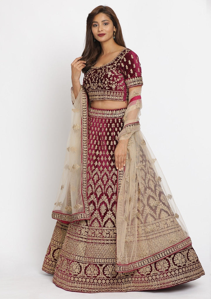 Wine Stonework Velvet Designer Lehenga - koskii