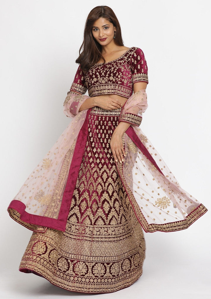 Wine Stonework Velvet Designer Lehenga - koskii