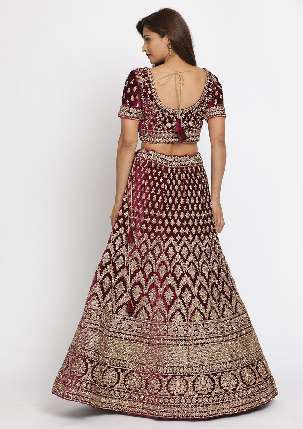 Wine Stonework Velvet Designer Lehenga - koskii