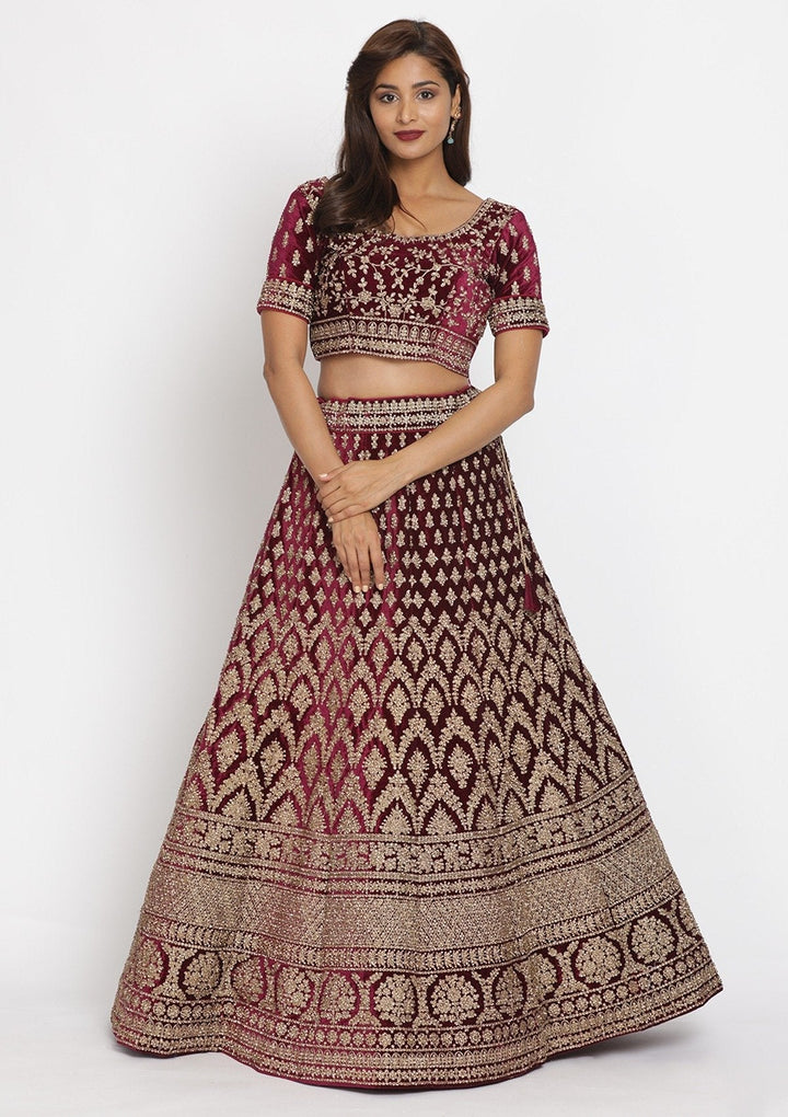 Wine Stonework Velvet Designer Lehenga - koskii