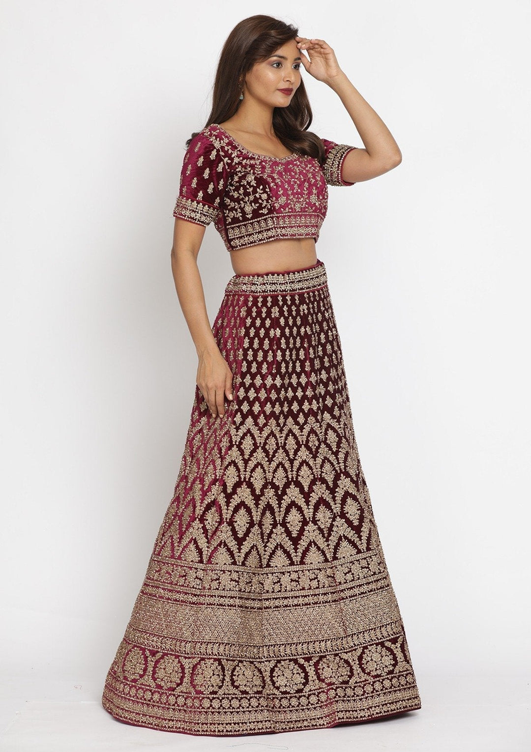 Wine Stonework Velvet Designer Lehenga - koskii