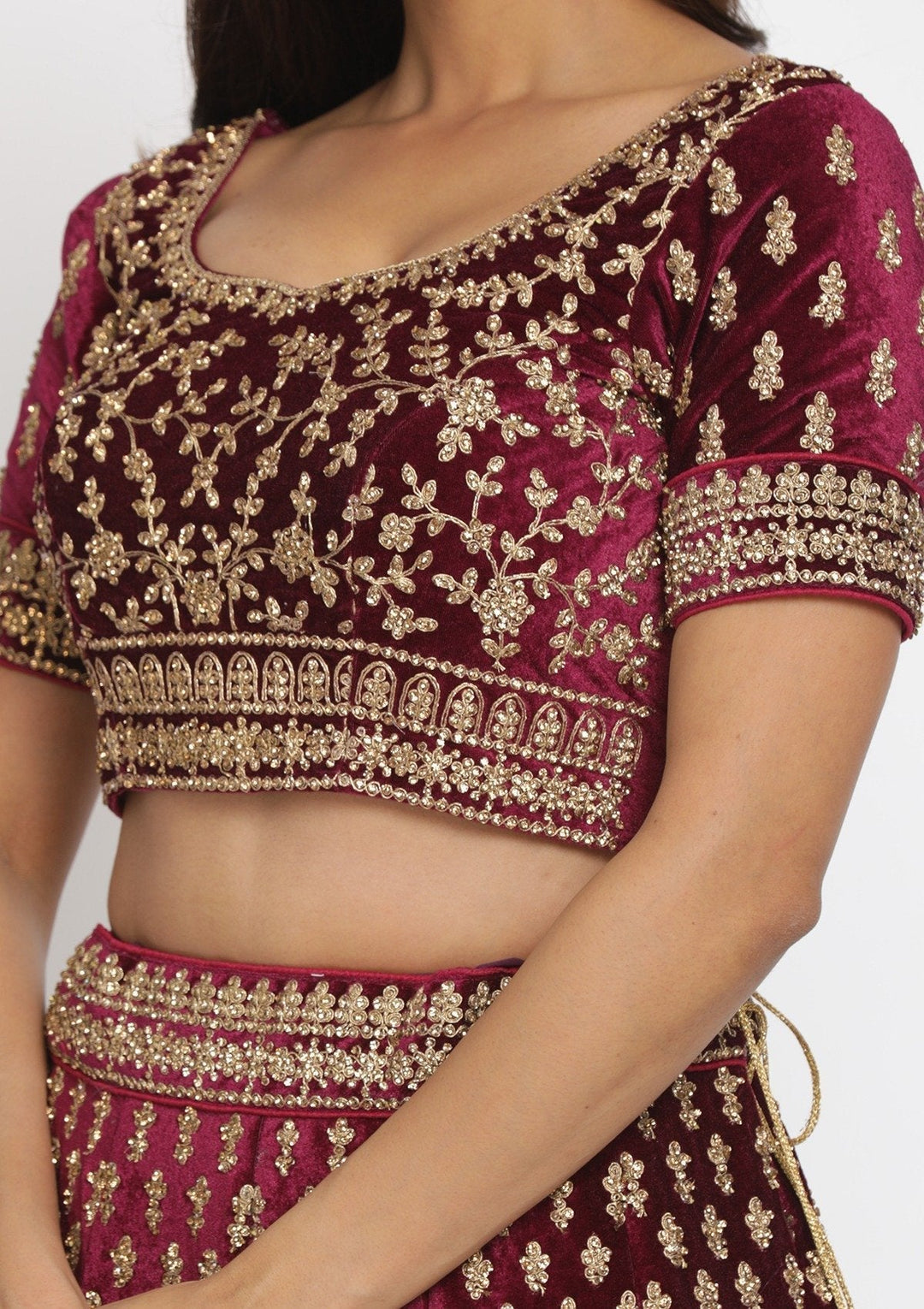 Wine Stonework Velvet Designer Lehenga - koskii