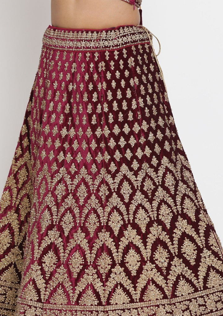 Wine Stonework Velvet Designer Lehenga - koskii