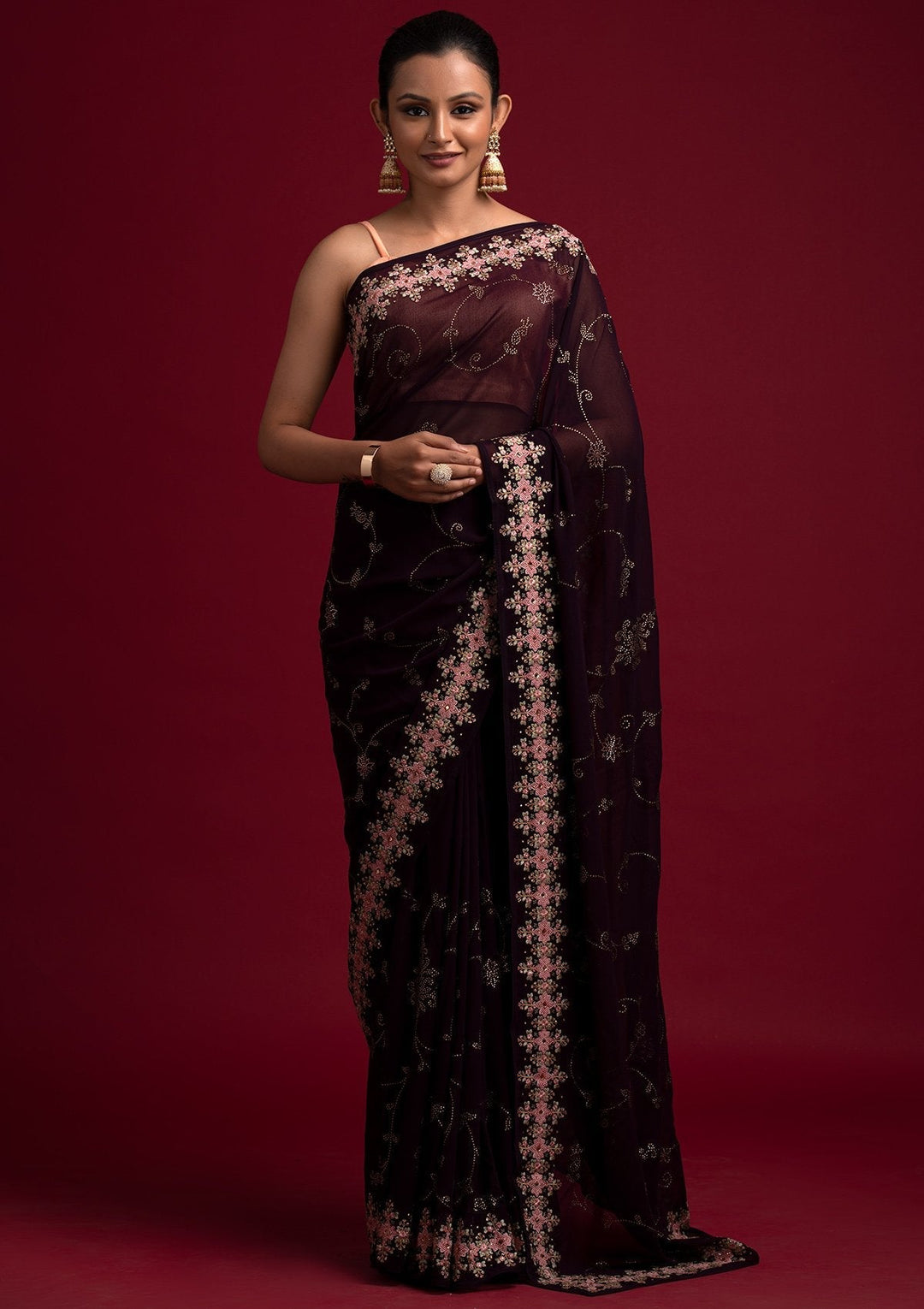 Wine Swarovski Georgette Designer Saree - koskii