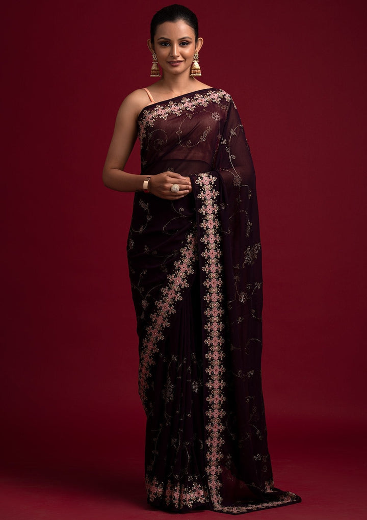 Wine Swarovski Georgette Designer Saree - koskii