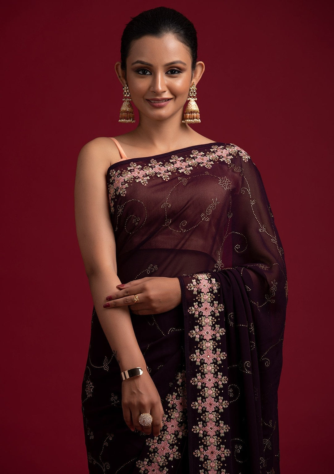 Wine Swarovski Georgette Designer Saree - koskii